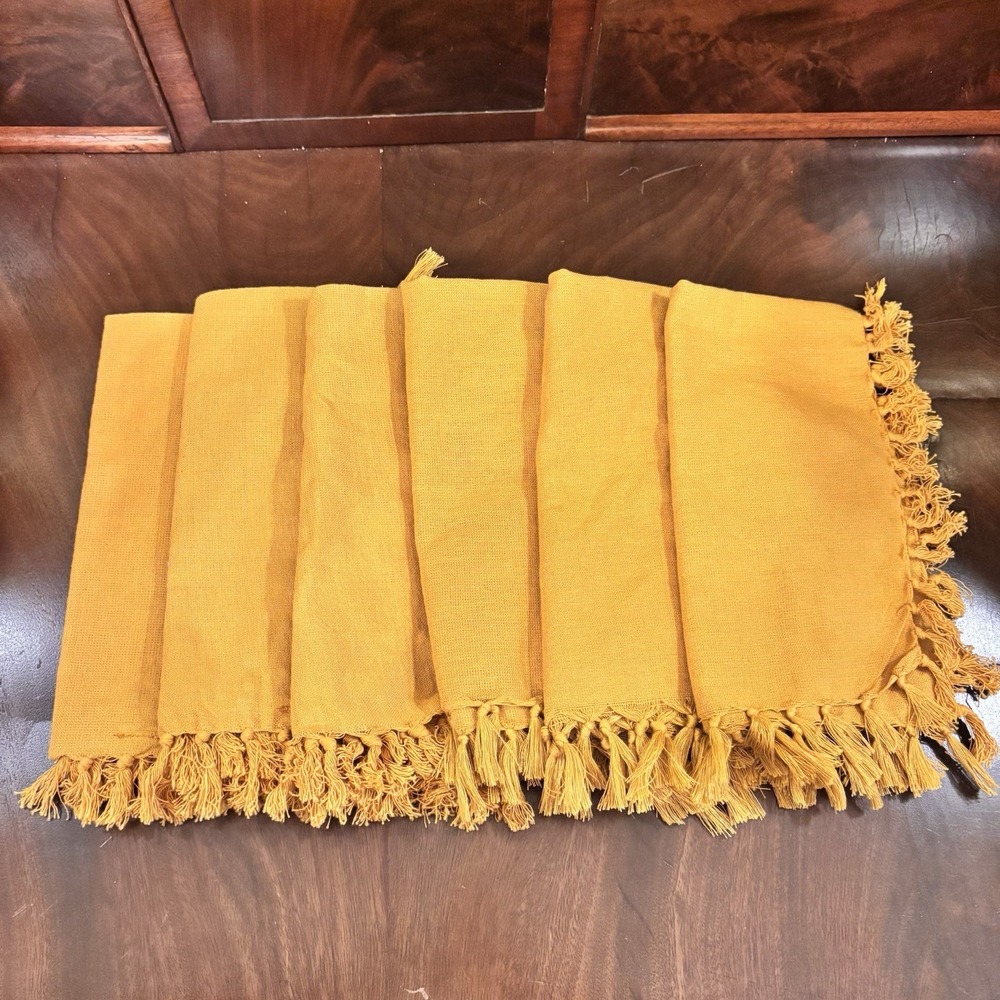 House & Garden Mustard Gold Tassel Fringe Cloth Dinner Napkins Set of 6 Cotton